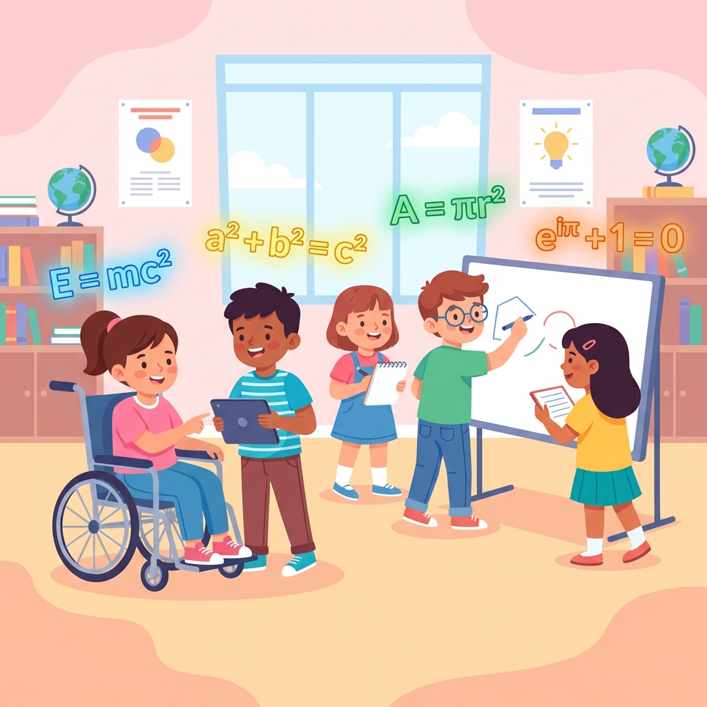 Happy kids doing math with correct equations